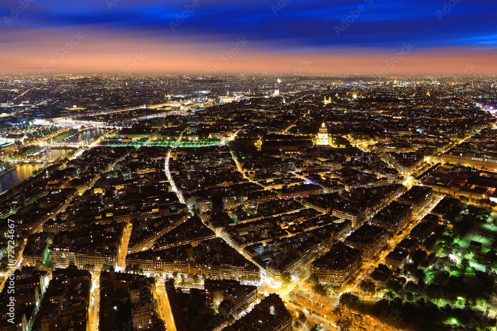 Aerial Night view of Paris