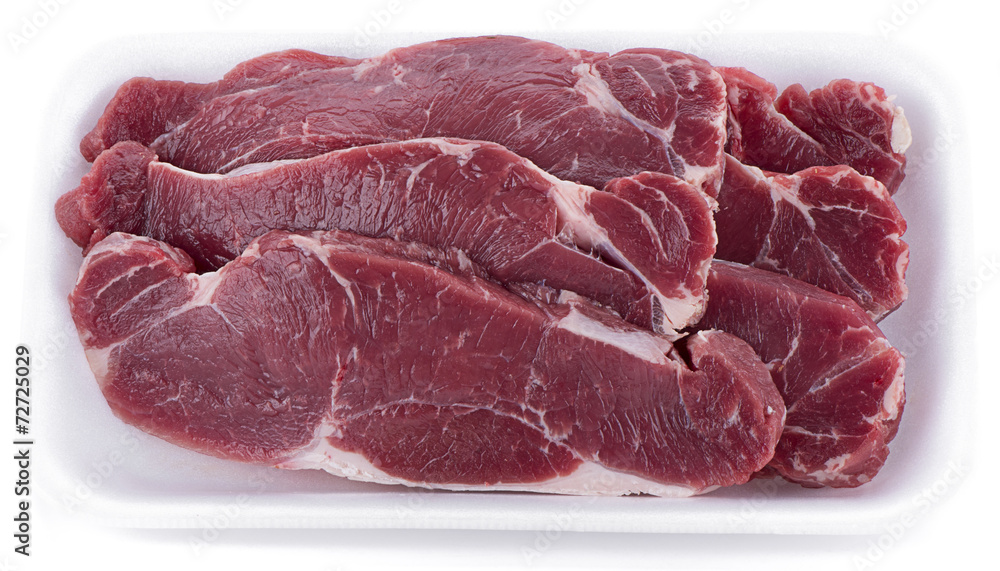 Market packaged raw meat isolated on white background. Market packaged raw meat isolated on white background.