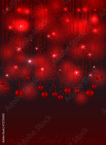 Red christmas background with christmas balls, stars and shines