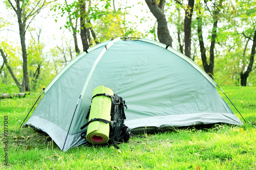 Touristic tent on green grass in a forest