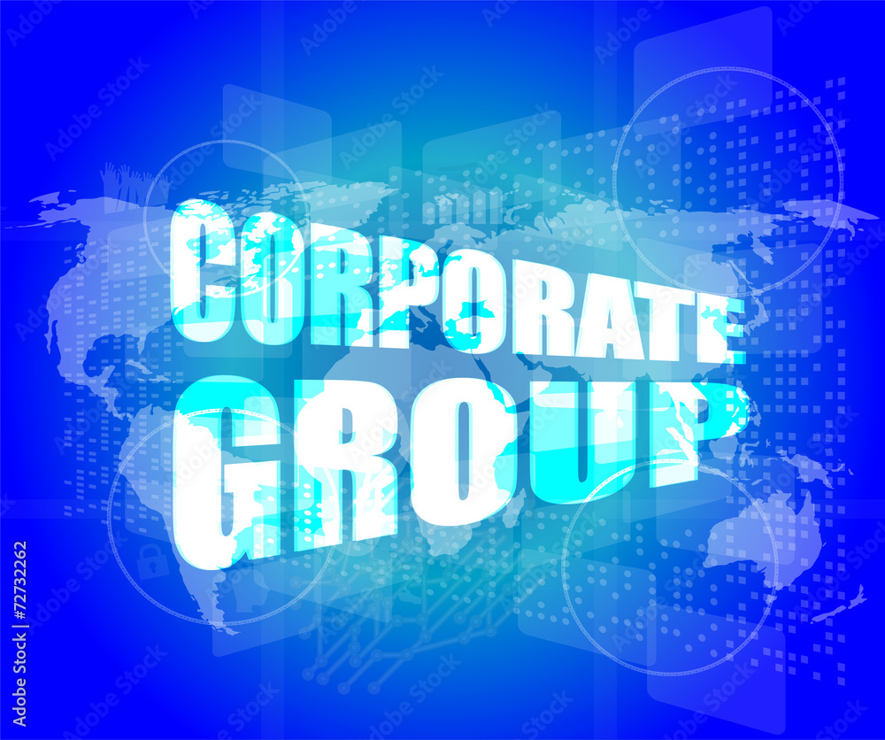 corporate group words on digital screen with world map