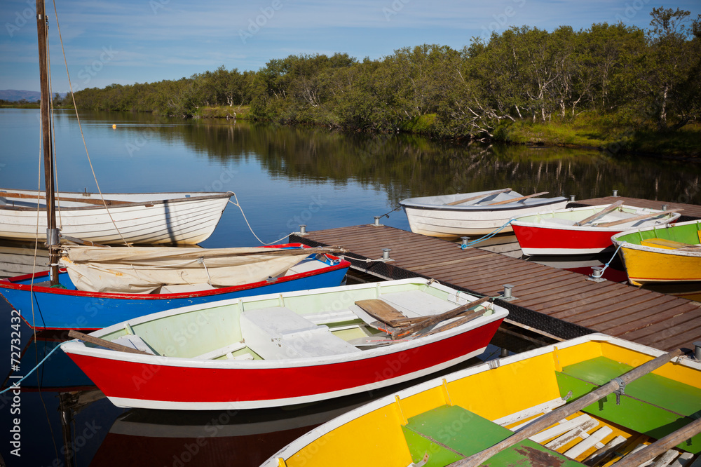 Color Wooden Boats with Paddles in a Lake Color Wooden Boats with Paddles in a Lake