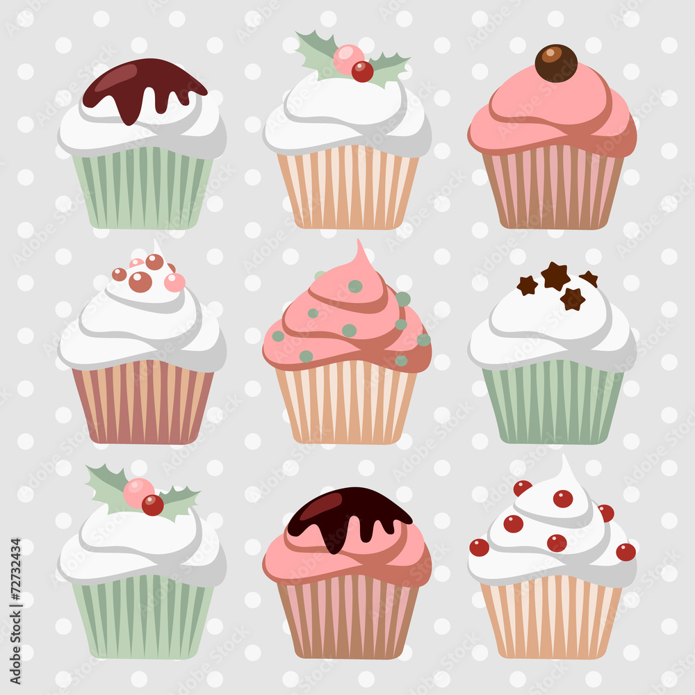Set of various christmas cupcakes, muffins, vector Set of various christmas cupcakes, muffins, vector
