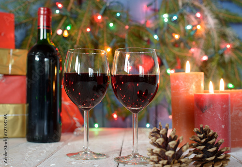 glasses of red wine with Christmas decoration