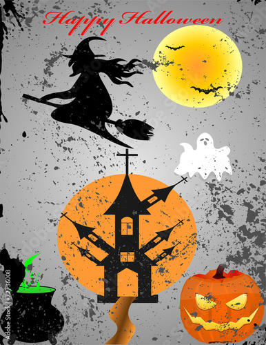 witch on a broom and cauldron