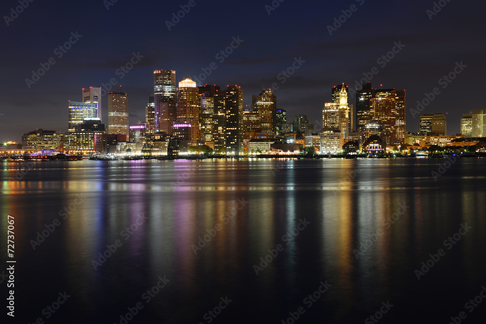 Boston City Skyscrapers and Boston Waterfront at night