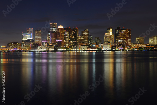 Boston City Skyscrapers and Boston Waterfront at night