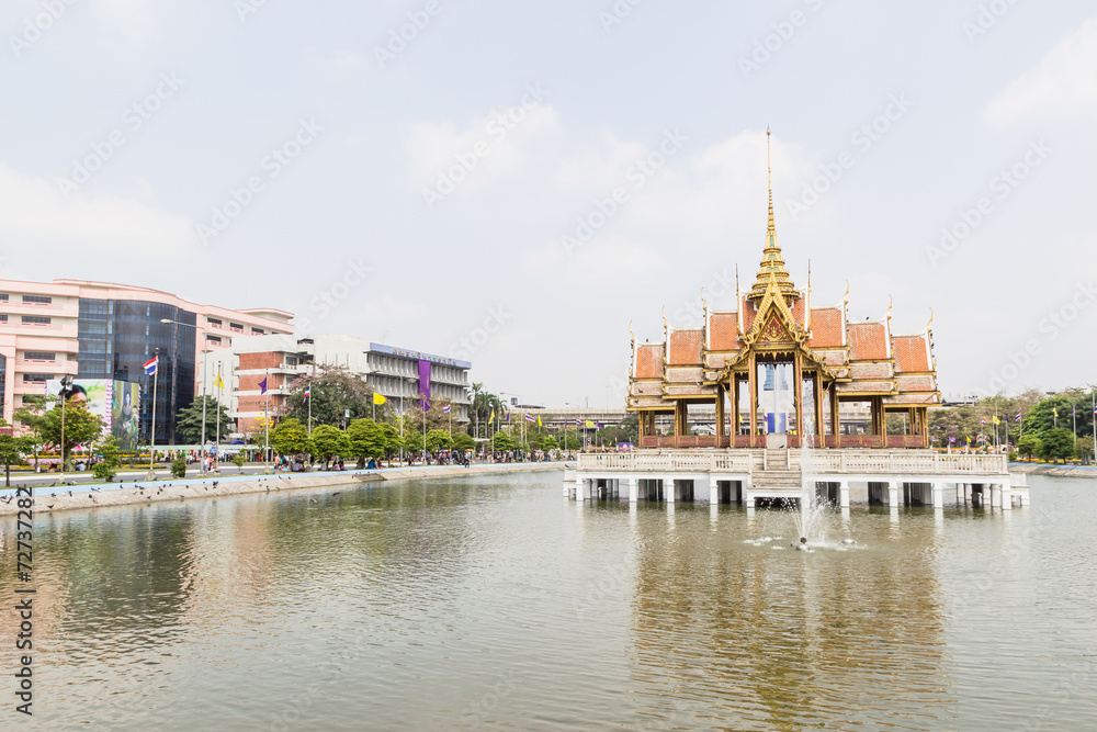 Thai temple in middle of pool, Ramkhamhaeng University, Thailand