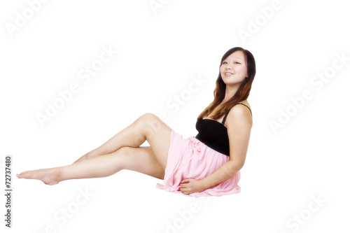 Young Asian American Woman Sitting Dress Smiling
