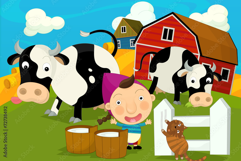 Cartoon happy and funny traditional farm scene - girl milking cows -  illustration for children Stock Illustration | Adobe Stock