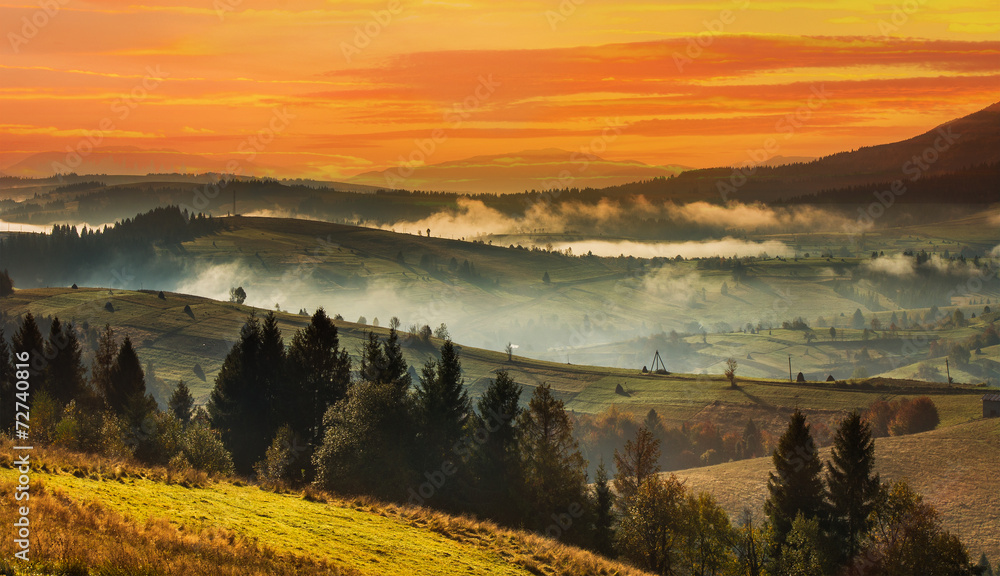 Sunset in the high  Carpathian mountains