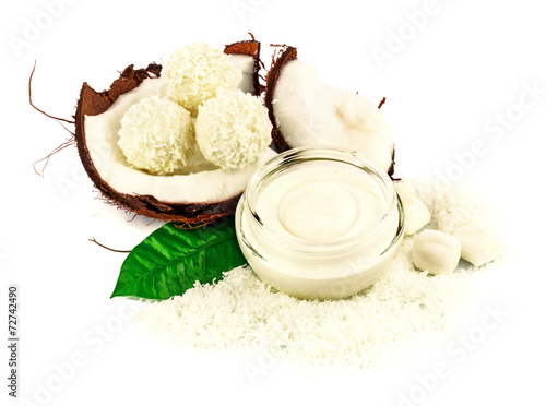 Coconut cocos with cream and green leaf