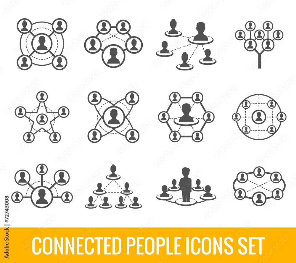 Connected people black icons set
