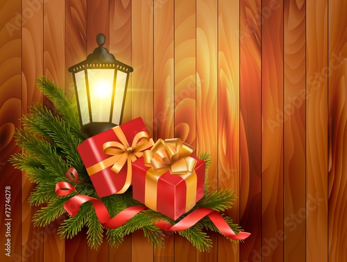 Christmas background with presents and a lantern. Vector.