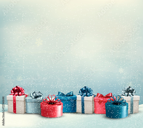 Holiday Christmas background with a border of gift boxes. Vector