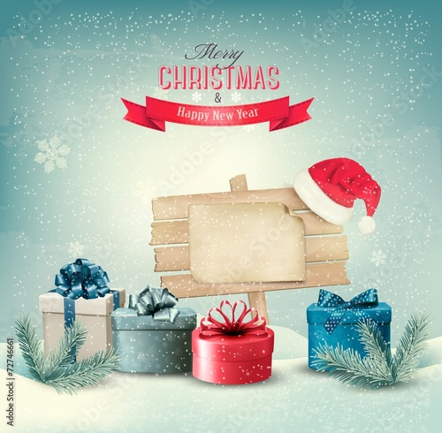 Christmas winter background with presents and wooden board. Vect