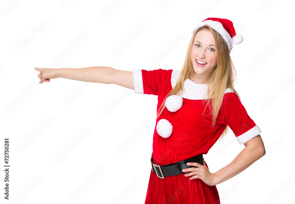 Christmas woman with finger point aside Christmas woman with finger point aside