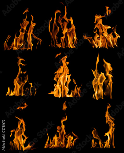 collection of nine yellow flames isolated on black