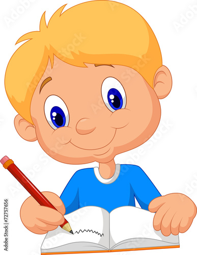 Happy boy writing in a book