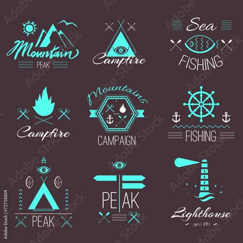 Set of icons on a hike in the mystical retro style