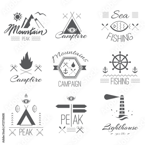Set of icons on a hike in the mystical retro style