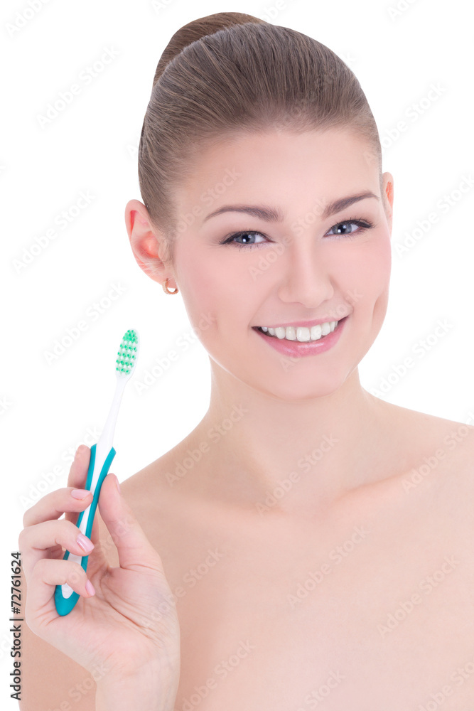 portrait of young beautiful woman with tooth brush isolated on w portrait of young beautiful woman with tooth brush isolated on w
