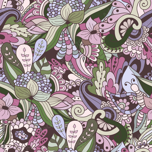 Hand-drawn doodle waves floral pattern, abstract green leaves an