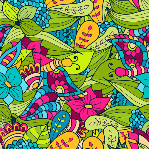 Hand-drawn doodle waves floral pattern, abstract green leaves an