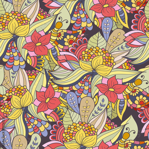 Hand-drawn doodle waves floral pattern, abstract green leaves an