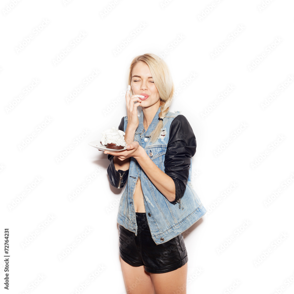 Pretty blonde girl eating chocolate Cake Pretty blonde girl eating chocolate Cake