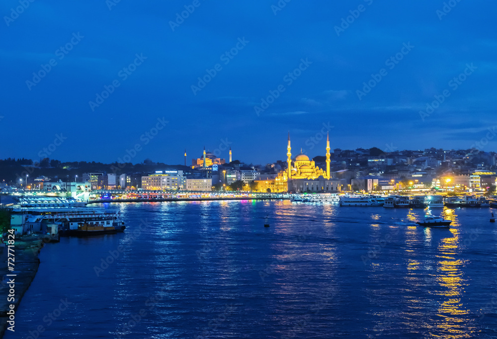 Golden Horn river and city Mosque at sunset, Istanbul