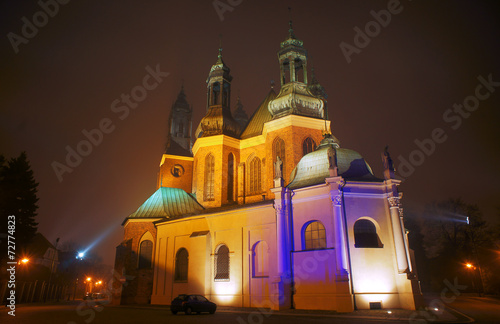 Cathedral church in misty evening in Poznan.
