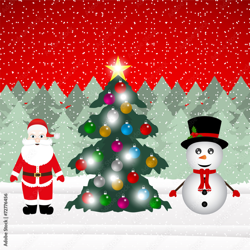 Snowman and Santa Claus with Christmas tree in the forest Snowman and Santa Claus with Christmas tree in the forest
