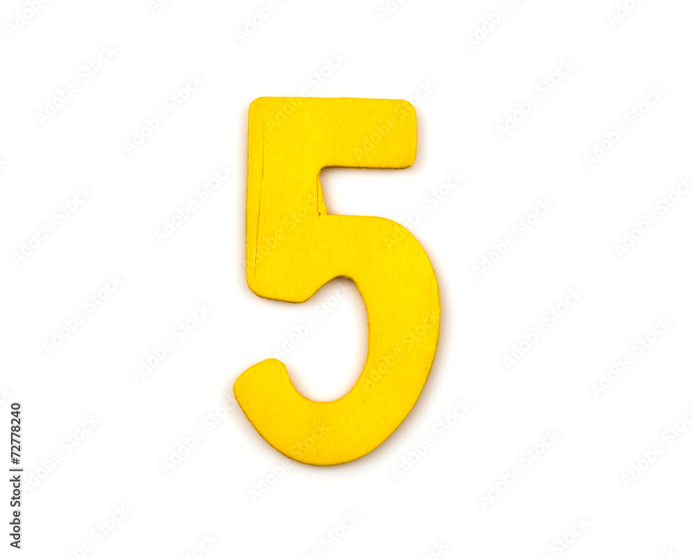 colorful wooden number on white background,5