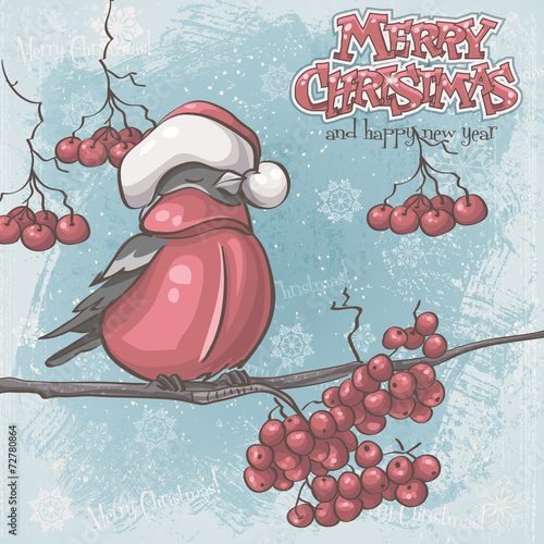 Greeting card for Christmas and New Year depicting bullfinches