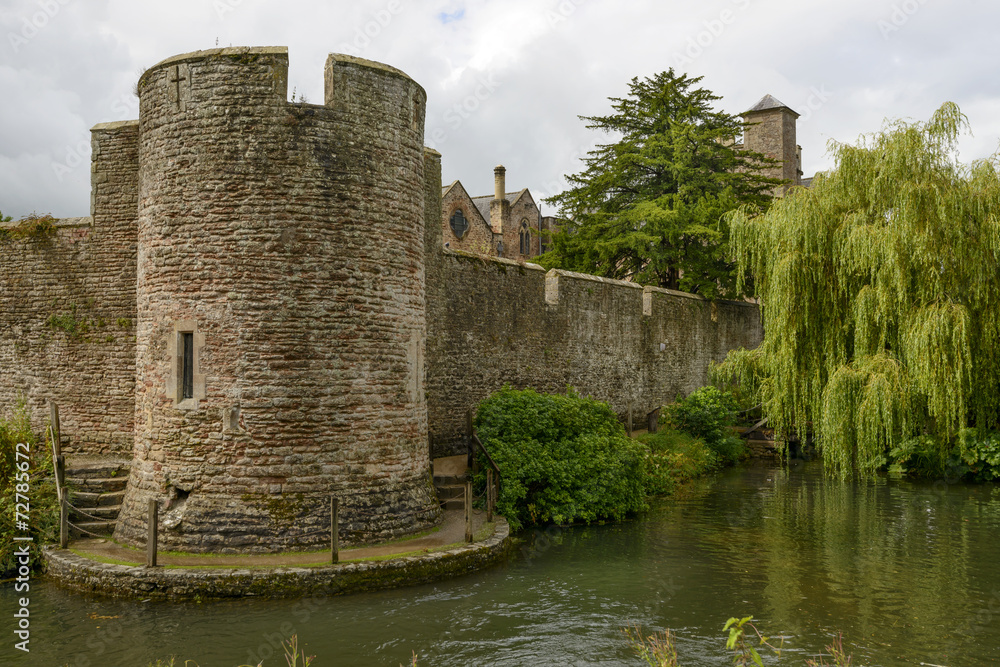 round tower and willow tree on moat at Bishop palace ,Wells