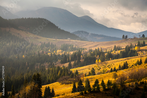 Beautiful autumn landscape in mountains Karpaty in the forest