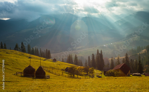 Beautiful autumn landscape in mountains Karpaty in the forest photo