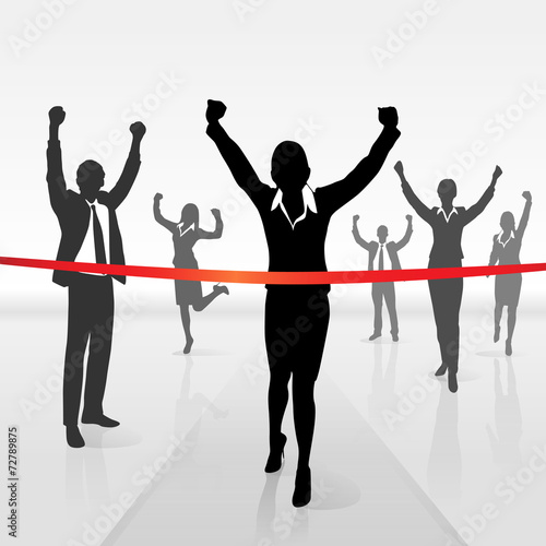 running businesswoman crossing finish line win