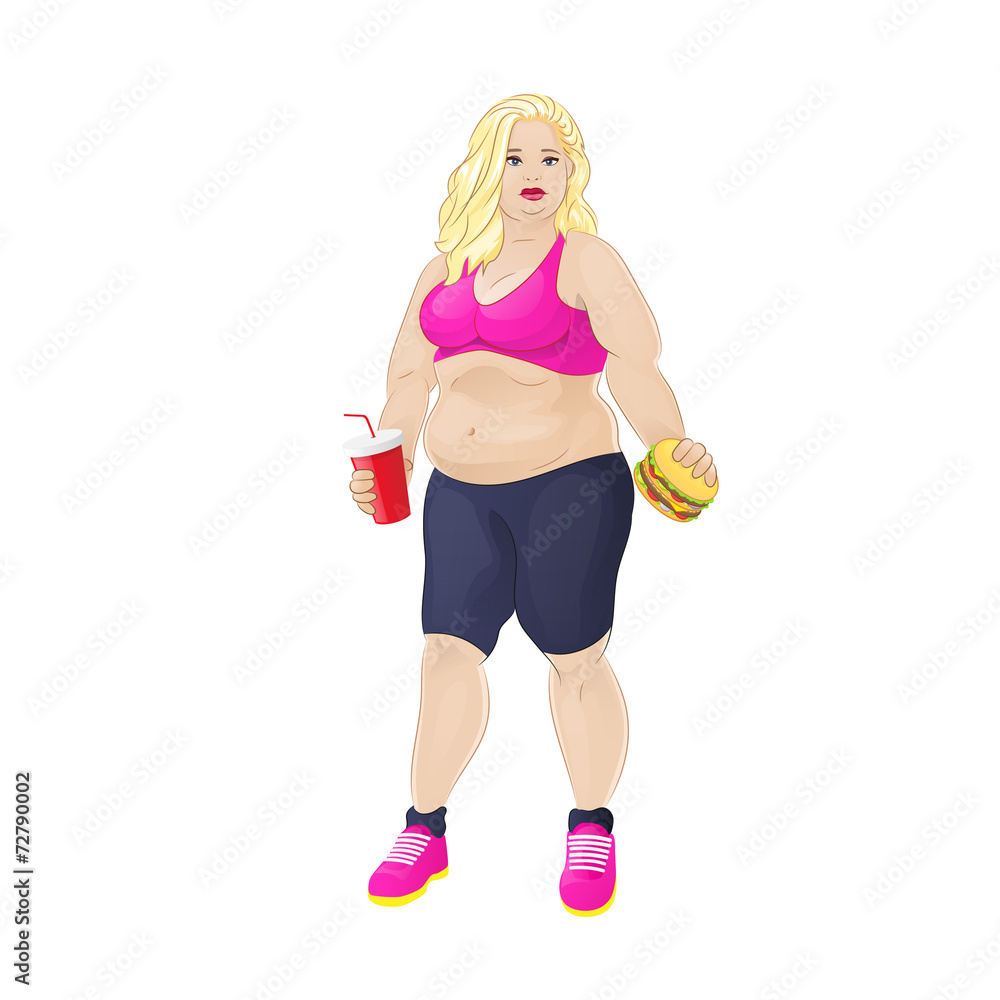 Fat overweight woman eat burger, junk fast food and drink, Fat overweight woman eat burger, junk fast food and drink,