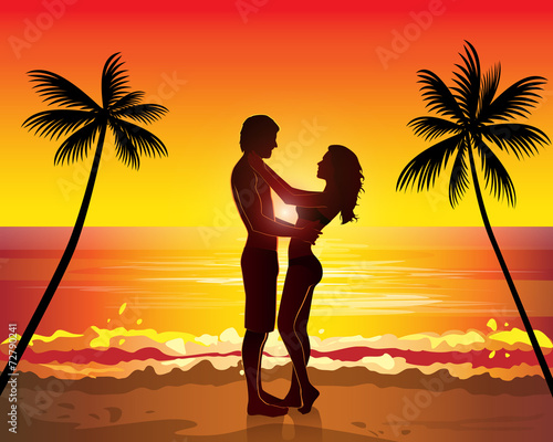 Romantic couple kissing, sunset exotic palms tree