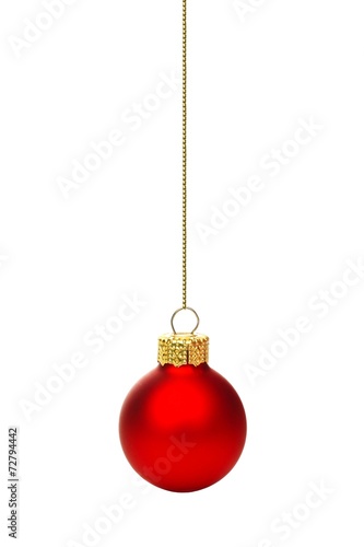 Single hanging red Christmas ornament isolated on white