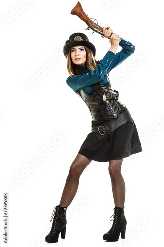 steampunk woman holding a gun isolated.