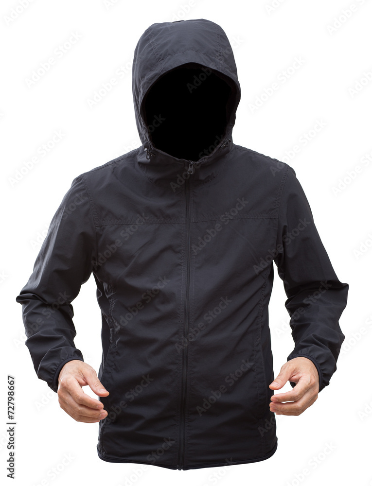 Black jacket with hood and man hands isolated on white backgroun Black jacket with hood and man hands isolated on white backgroun
