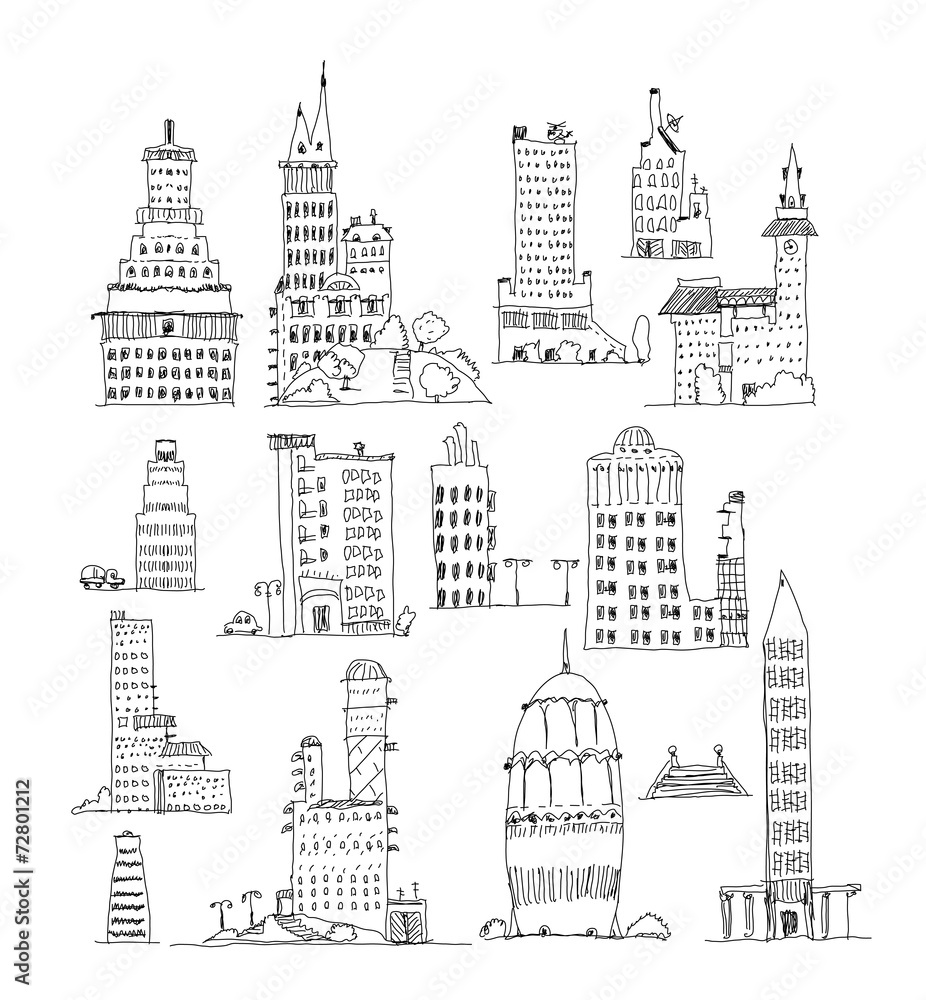 Business office buildings set, Sketch collection
