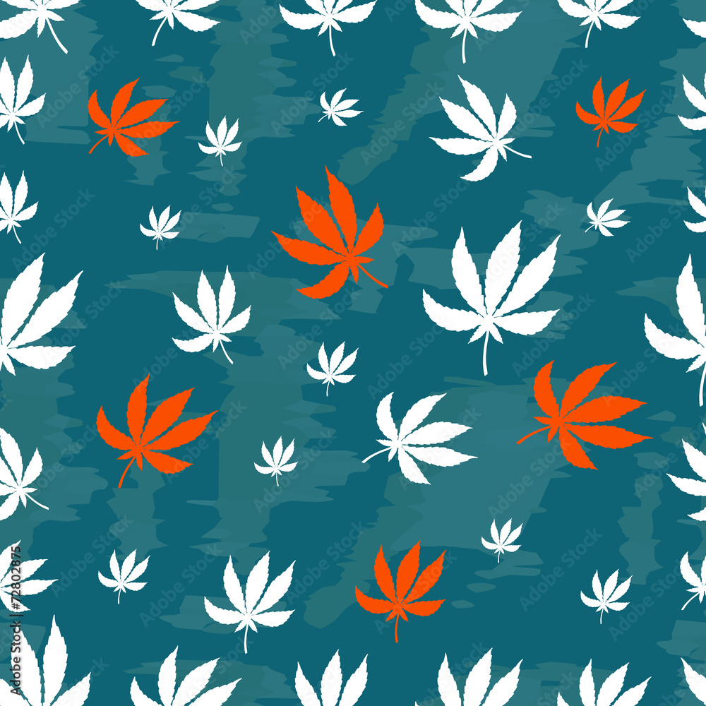 Seamless repeating pattern of white and orange leaves marijuana