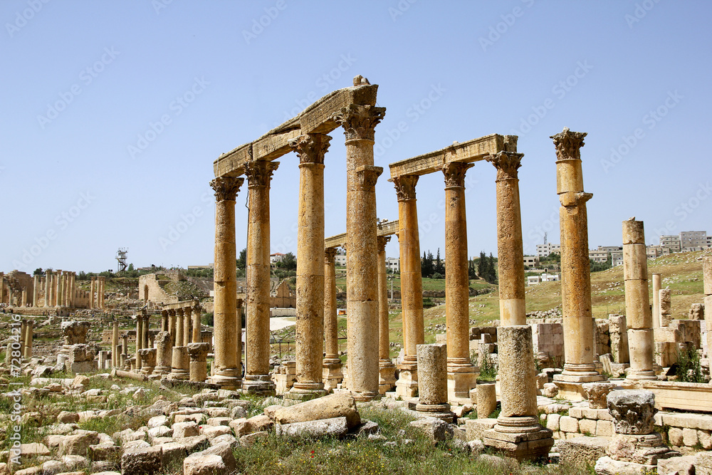 Old Roman street with stone pillars in Jerash, Jordan
