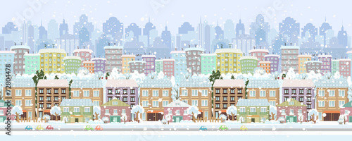 panorama. seamless border with a winter cityscape