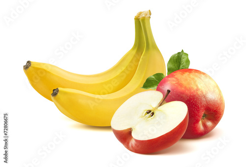 Banana and apple isolated on white background