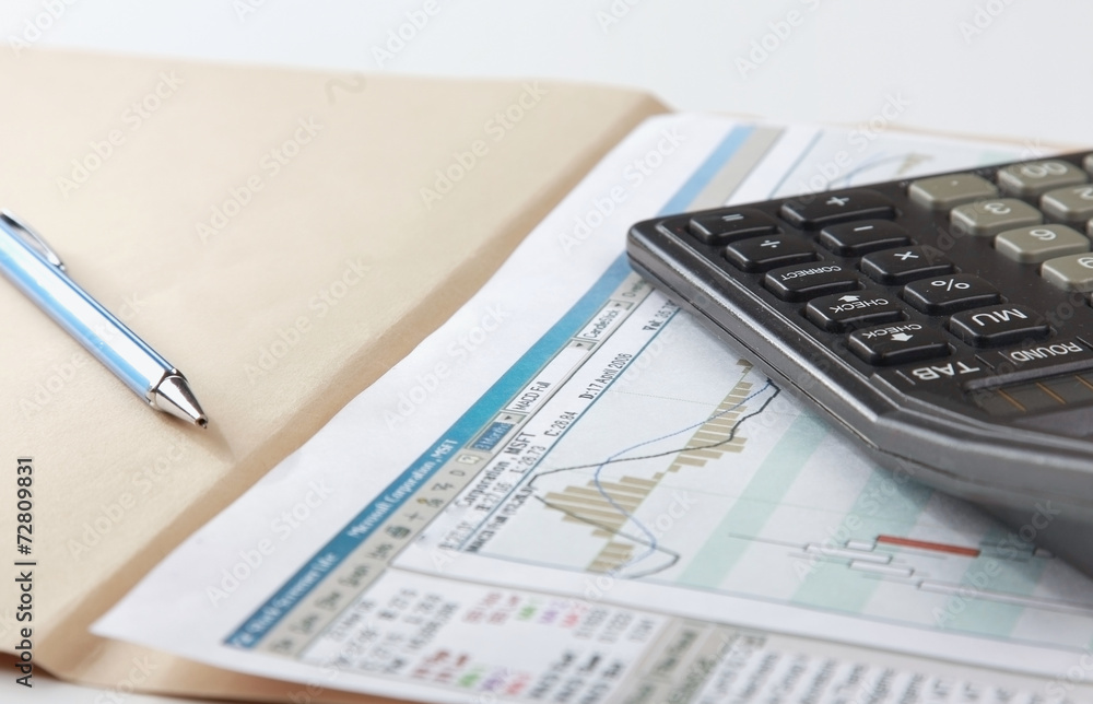 Calculator, pen, folder with documents Calculator, pen, folder with documents